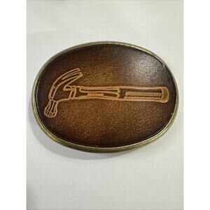 Vtg El Cid Belt Buckle Leather Brass Hammer Tool Carpenter Western Construction
